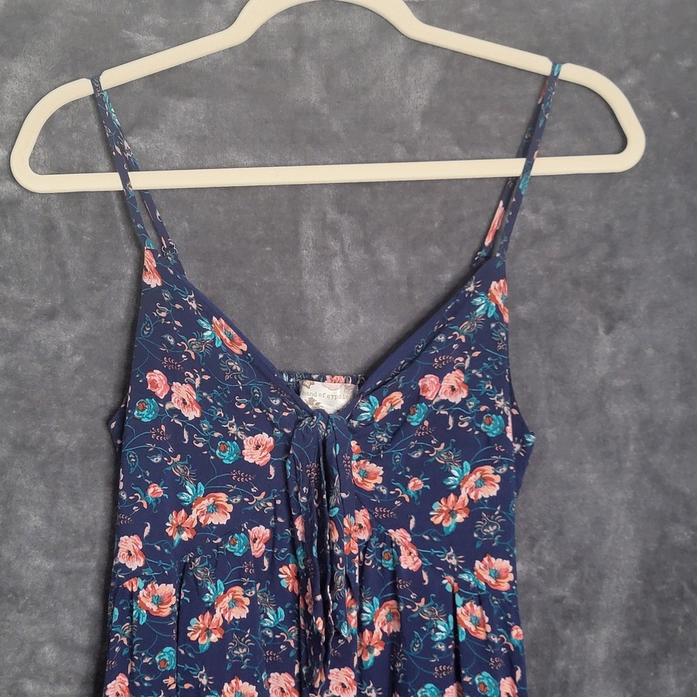Band of Gypsies Mini Dress Small Navy Blue Floral Tie Front Boho Ruffle Cowgirl - Picture 2 of 10